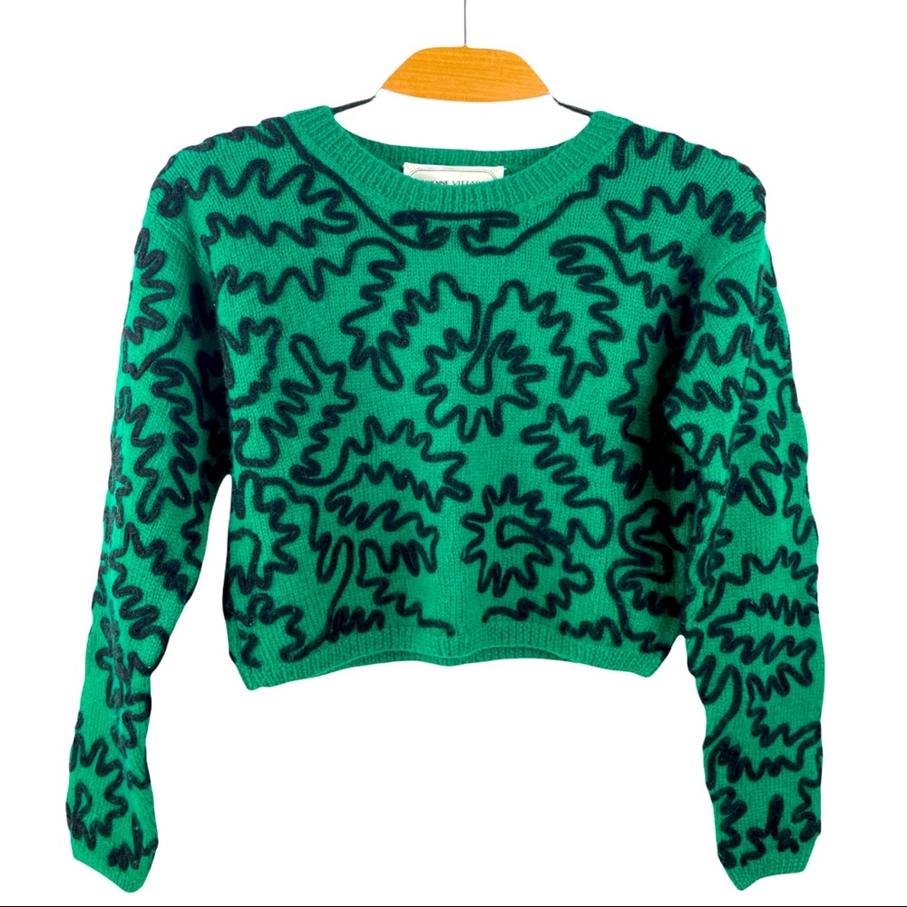 Adrienne Vittadini Vintage Cropped 100% Wool Green Squiggle Sweater Size S